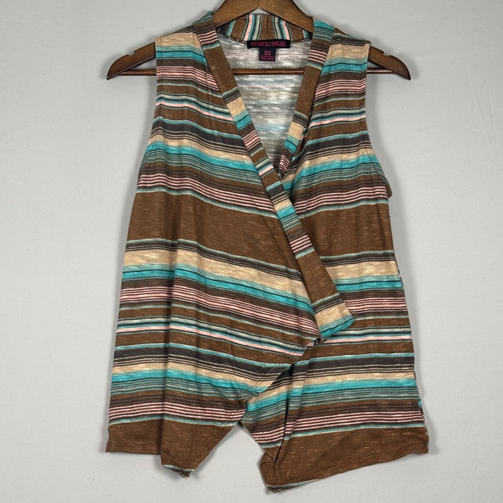 Rock and Roll Cowgirl Wrap Vest Women XS Brown Stripe Excellent Boho Rodeo Top